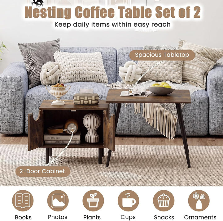GIANTEX Nesting Coffee Table Set of 2 Modern Center Tables with Cabinet