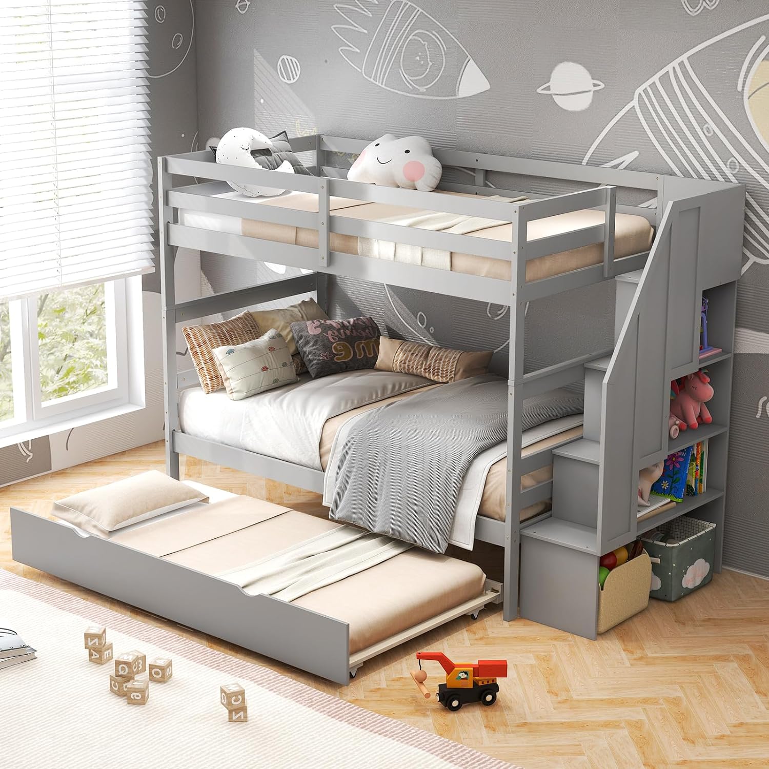 Giantex Twin Over Twin Bunk Bed with Trundle and Storage Stairs, Solid Wood Bunk Bed Convertible 3 Bed Frames for Bedroom