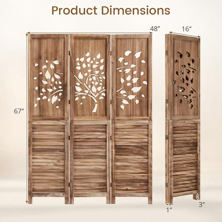 GIANTEX 3 Panel Folding Room Divider with Tree Leaf Cutout &amp; Louvered Slats | 67" Freestanding Wood Privacy Screen