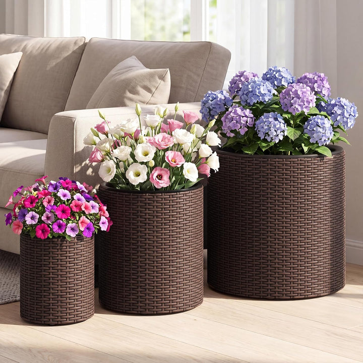 GIANTEX Set of 3 Rattan Planters Flower Pot Set