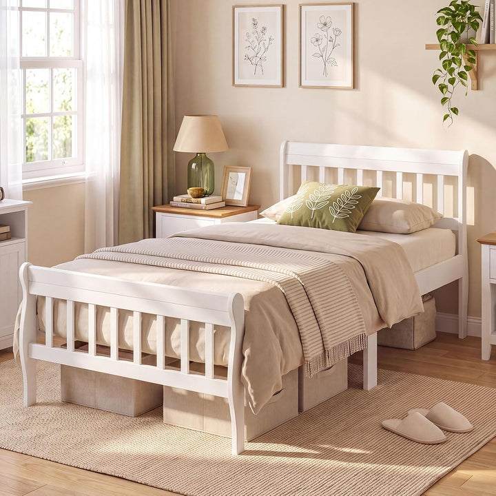 GIANTEX Wood Sleigh Bed Frame with Slatted Headboard &amp; Footboard