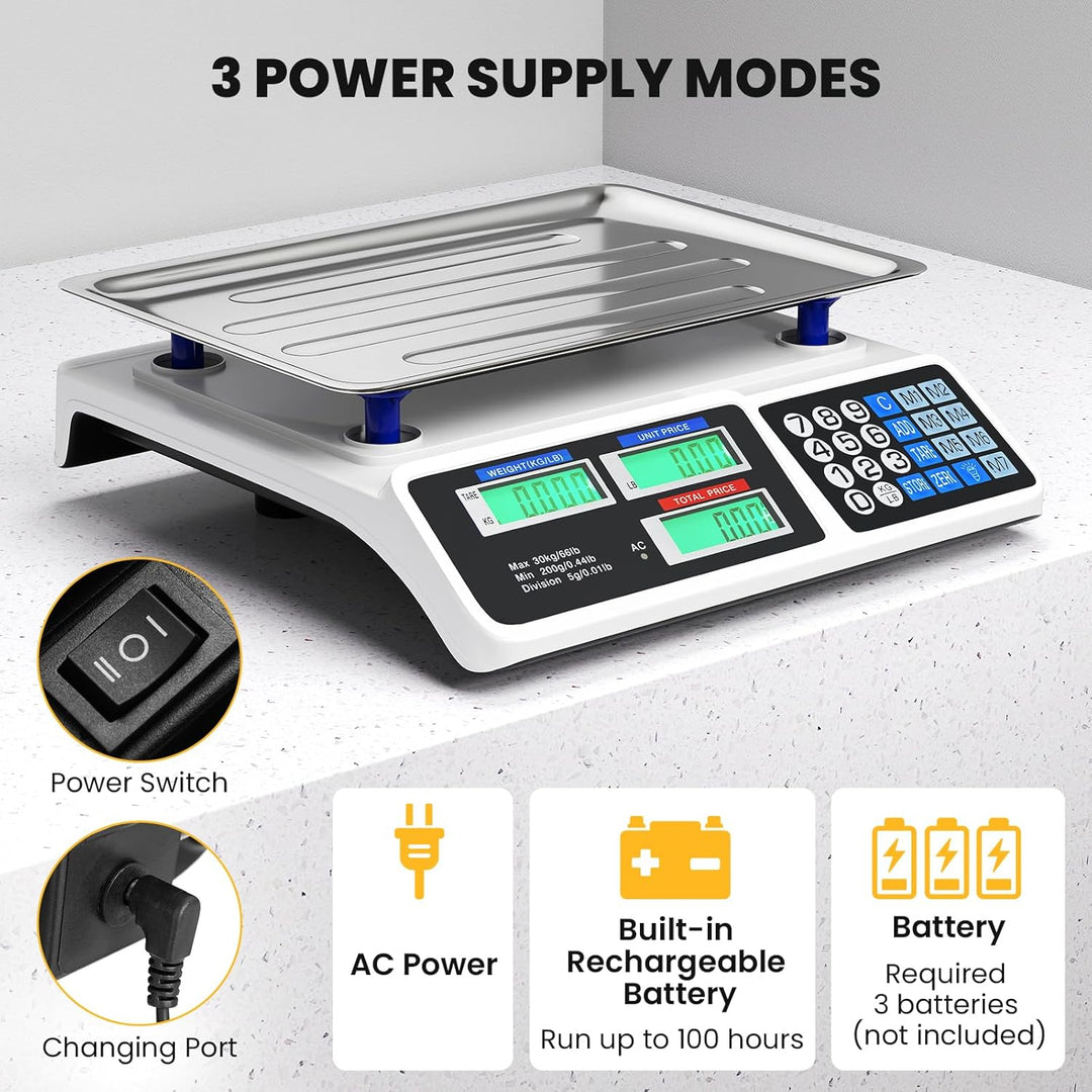 Price Computing Scale 66 lb/30 kg, Rechargeable Commercial Food Scale with Dual LCD Display