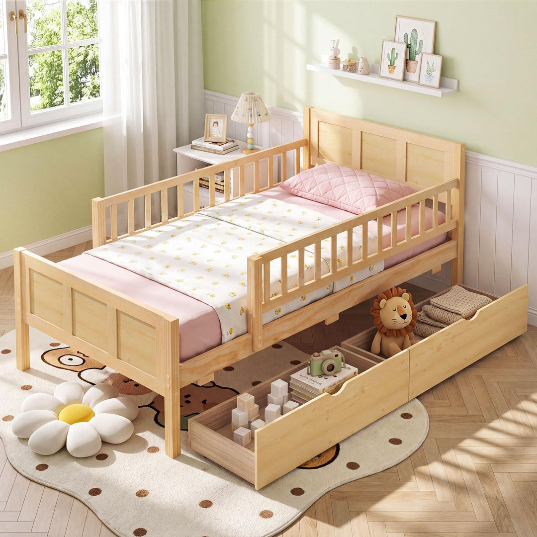 GIANTEX Full/Twin Size Bed Frame with 2 Storage Drawer &amp; Guardrails for Kids