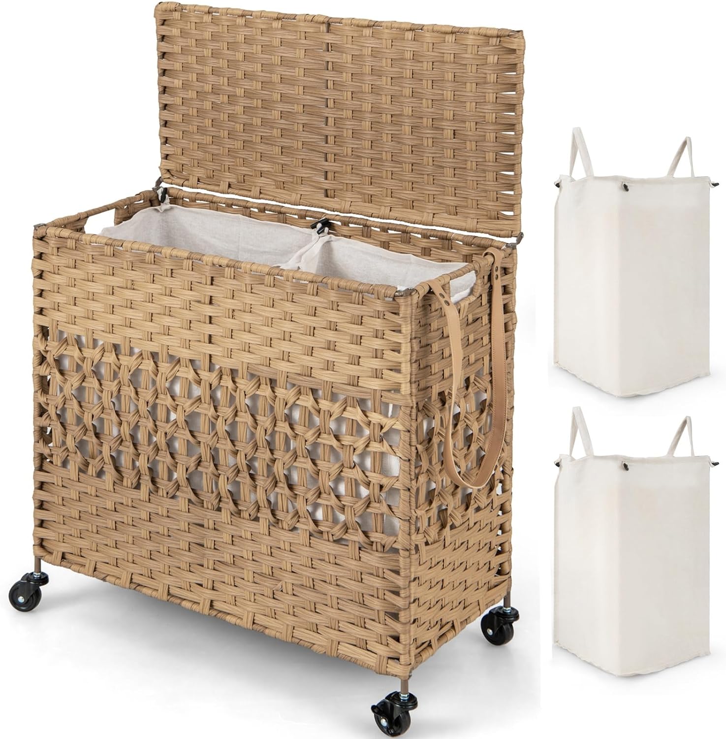 Giantex Laundry Hamper with Wheels and Lid, 33 Gal (125L) Wicker Laundry Basket, 2 Removable Liner Bags