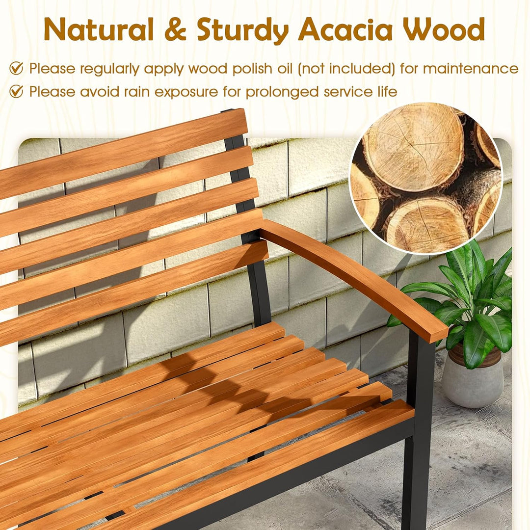 Outdoor Bench, Acacia Wood Patio Loveseat with Slatted Backrest & Seat, Armrests