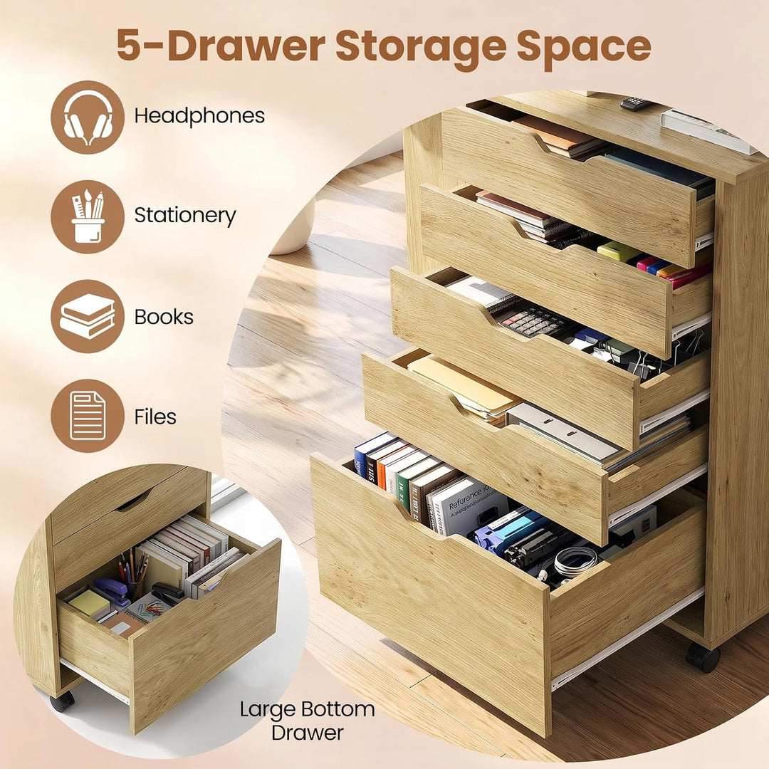 GIANTEX 5-Drawer Wood Drawer Cabinet Folding Desk with Wheels
