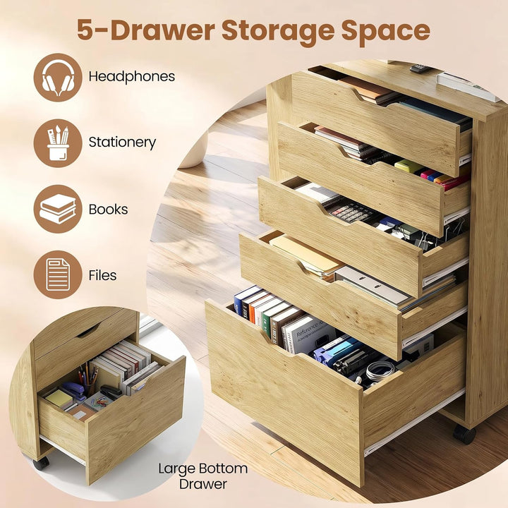 GIANTEX 5-Drawer Wood Drawer Cabinet Folding Desk with Wheels