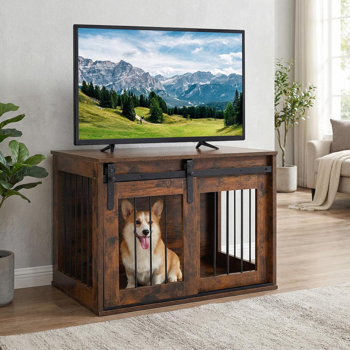 GIANTEX 31.5" Dog Crate Furniture with Sliding Barn Door, Wooden Dog Kennel | Heavy Duty Wood Pet Cage End Side Table