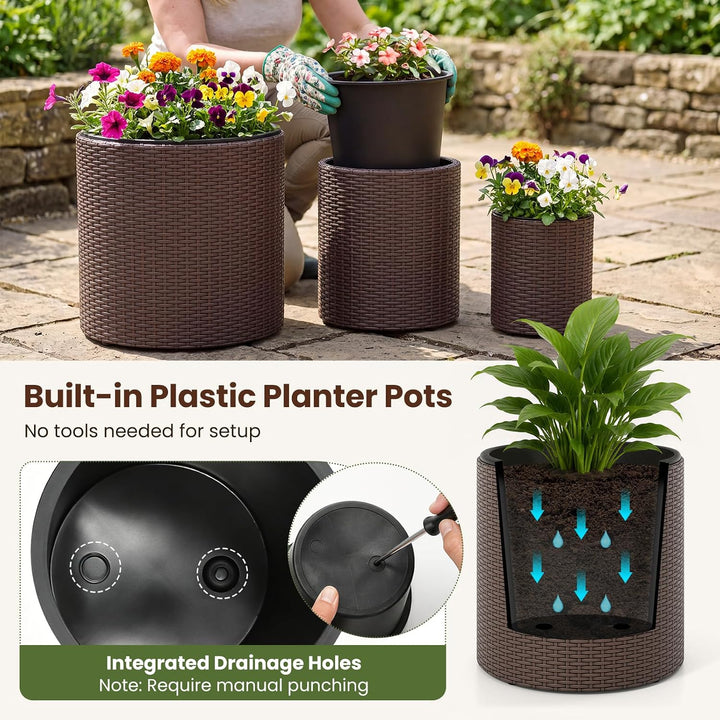 GIANTEX Set of 3 Rattan Planters Flower Pot Set