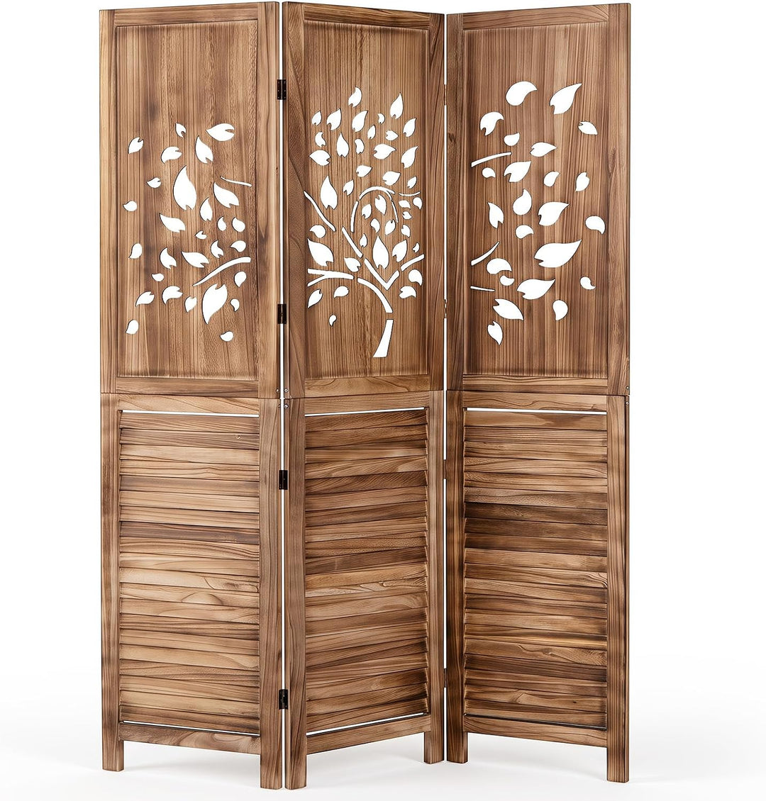 GIANTEX 3 Panel Folding Room Divider with Tree Leaf Cutout &amp; Louvered Slats | 67" Freestanding Wood Privacy Screen