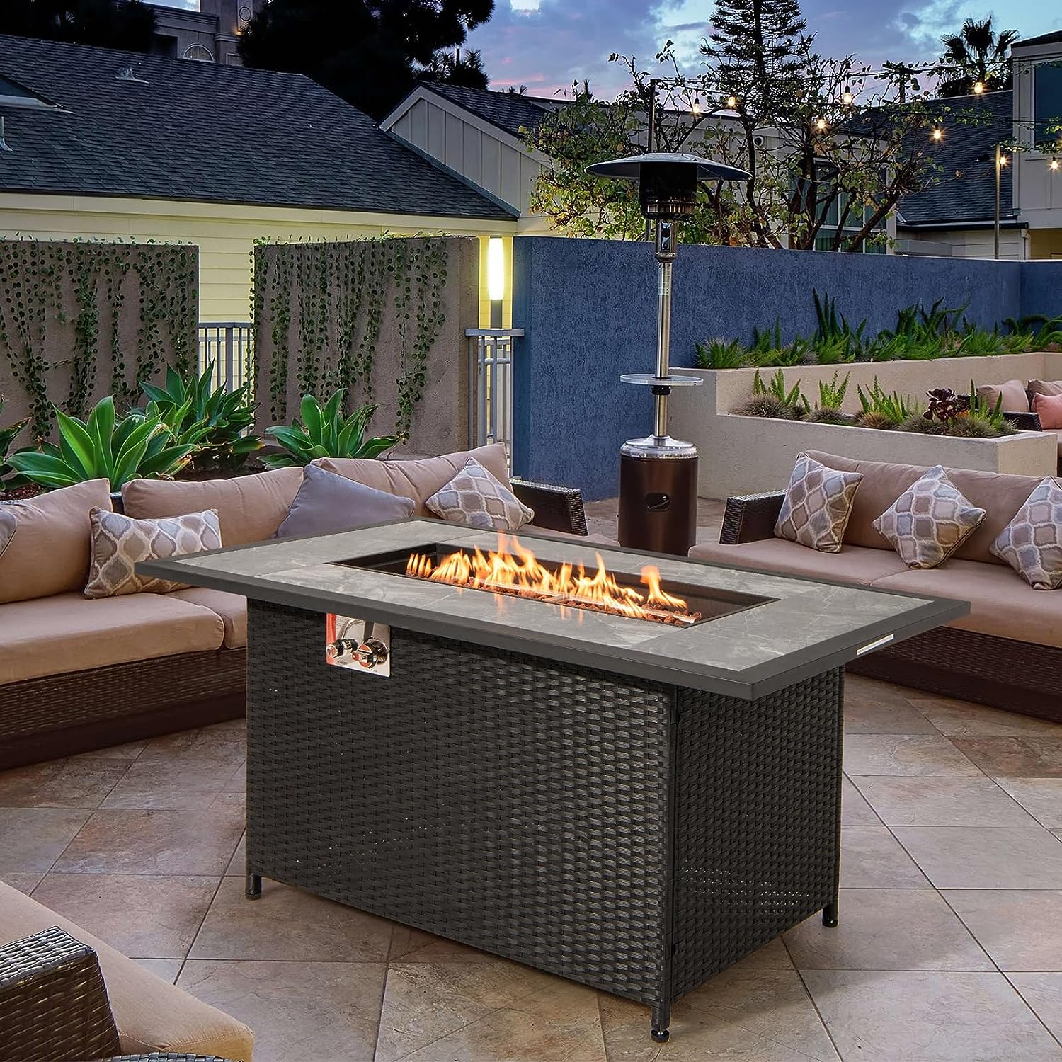 Giantex Outdoor Propane Fire Table - 52-inch Outdoor PE Rattan Propane Fire Table with Metal Lid