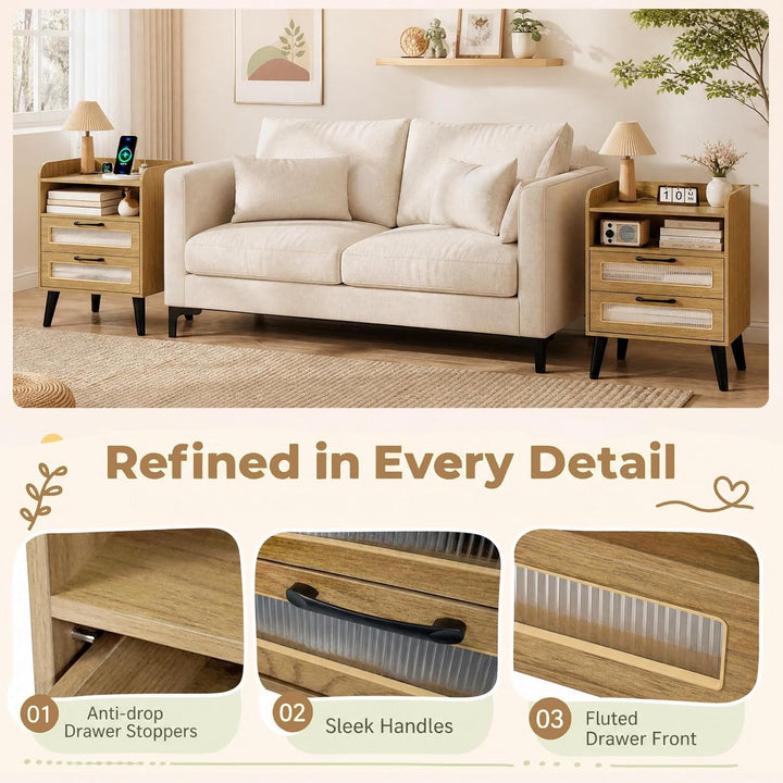 GIANTEX Fluted Nightstand with Charging Station &amp; LED Lights