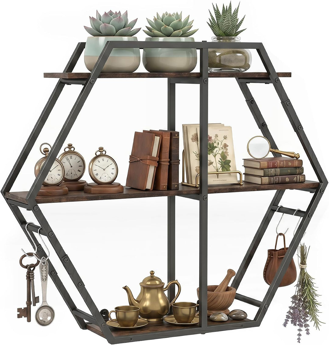 GIANTEX Industrial Hexagon Wall Shelf with 3-Tier Storage Shelves &amp; 4 Hooks | Decorative Wall Display Rack Unit with Metal Frame