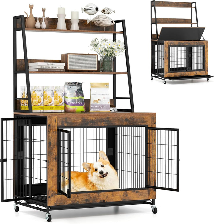 Giantex 38" Dog Crate Furniture with Storage Shelves