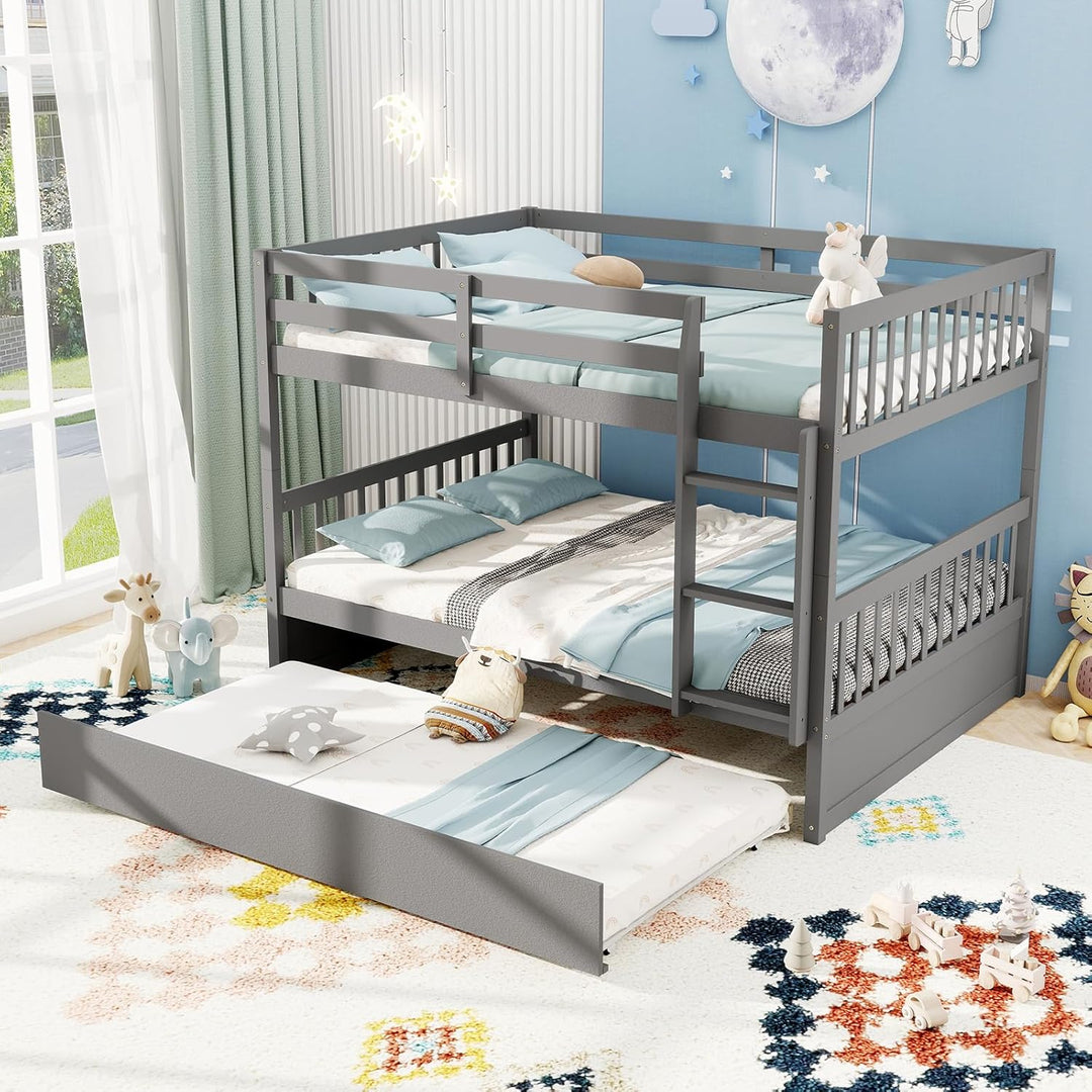 Giantex Full Over Full Bunk Bed with Trundle Guardrails and Ladder