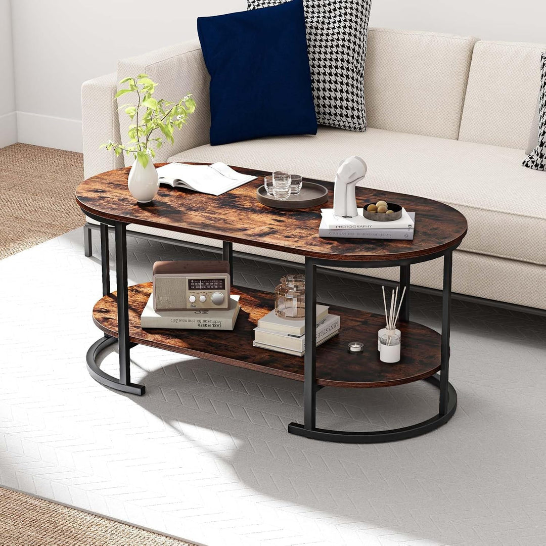 Giantex 2-Tier Coffee Table Oval Center Table with Wood Grain Top & Open Storage Shelf