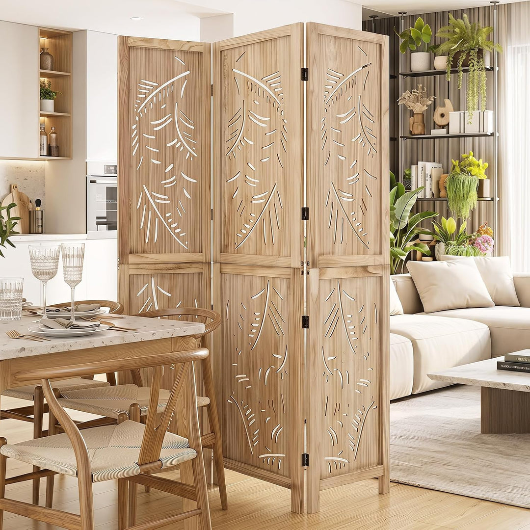 GIANTEX 3 Panel Boho Room Divider with Carved Palm Leaf Pattern