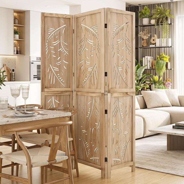 GIANTEX 3 Panel Boho Room Divider with Carved Palm Leaf Pattern