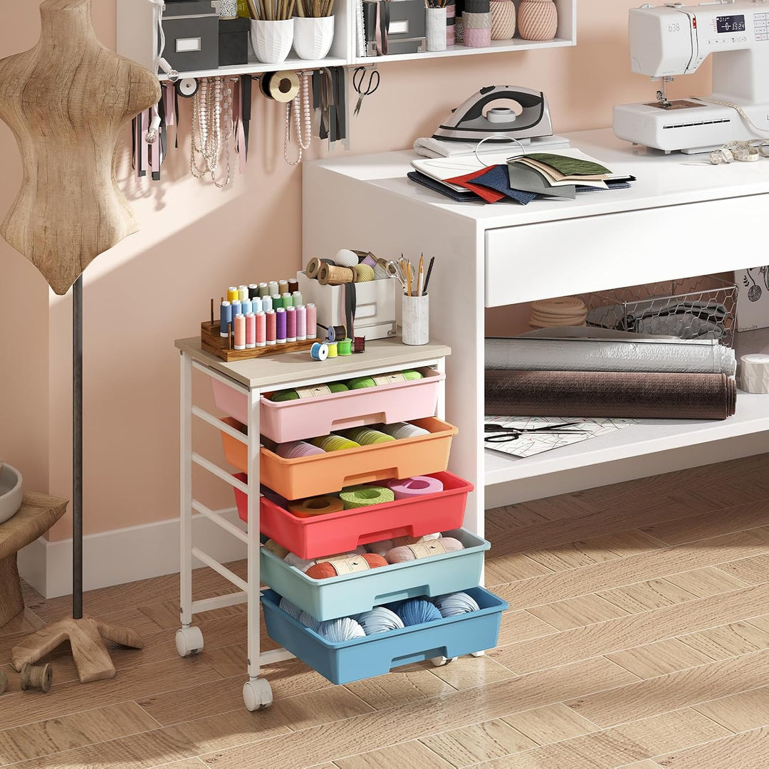 Giantex 5 Drawers Rolling Cart with Wheels, Wood Top, Sturdy Frame