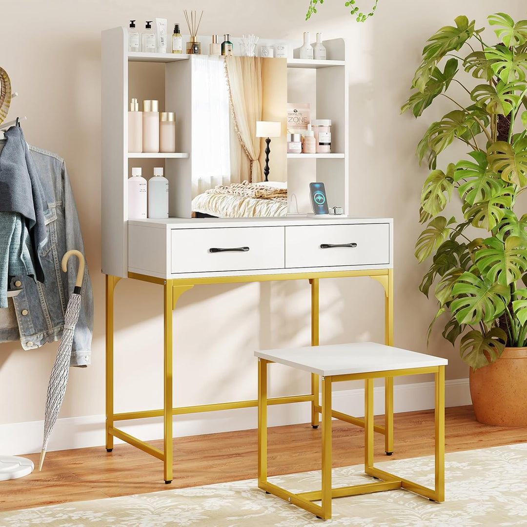 CHARMAID Vanity Desk with Charging Station Mirror Cabinet with Hidden Storage