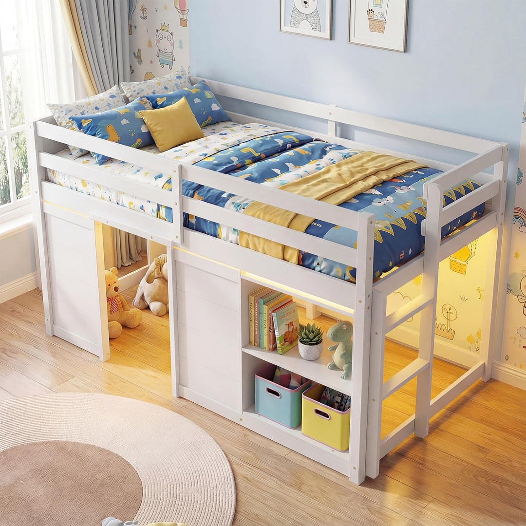 Giantex Wooden Low Kids Loft Bed with  LED Lights and 2 Doors