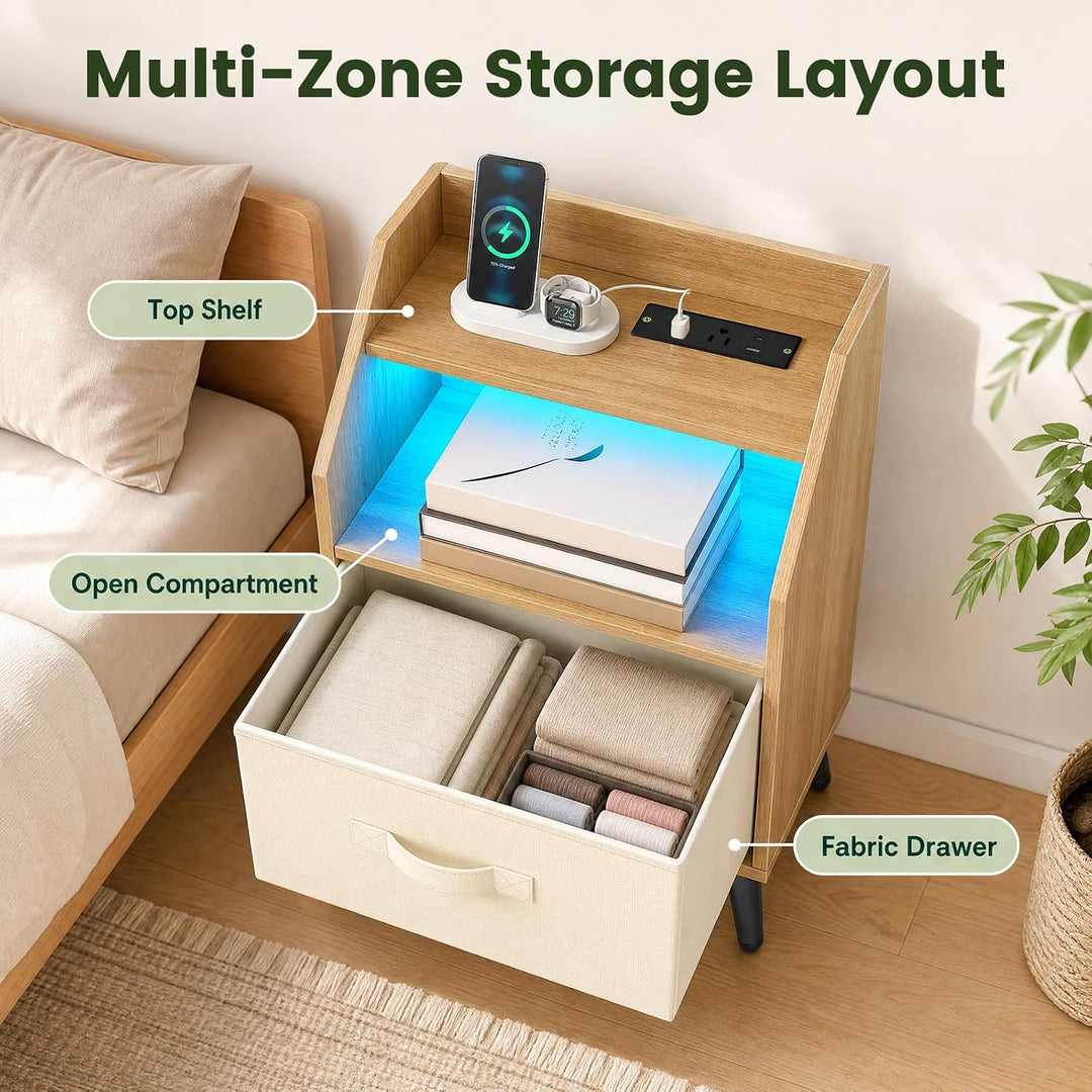 GIANTEX Modern LED Nightstand w/Charging Station &amp; Fabric Drawer