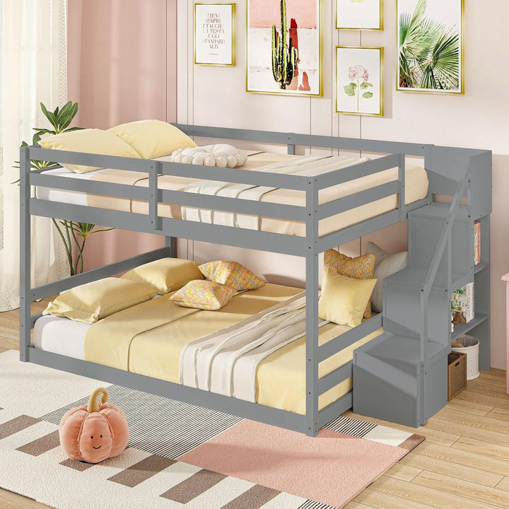Giantex Bunk Bed with Stairs, Solid Wood Floor Bunk Bed with Storage Staircase & Full-Length Guardrails