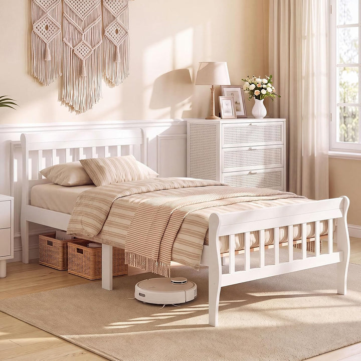 GIANTEX Wood Sleigh Bed Frame with Slatted Headboard &amp; Footboard