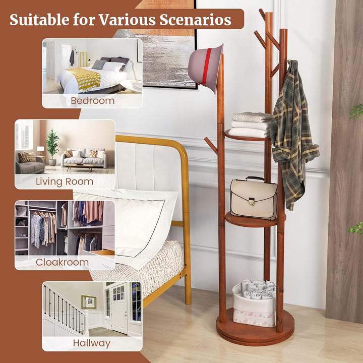 GIANTEX 9-Hook Rotary Coat Rack Freestanding Wooden Coat Tree