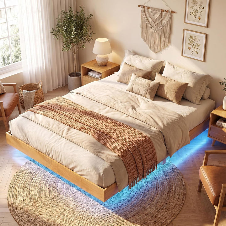 GIANTEX Wood Floating Bed Frame Queen Size with Smart LED Light, Natural | Modern Platform Bed w/Heavy Duty Mattress Foundation