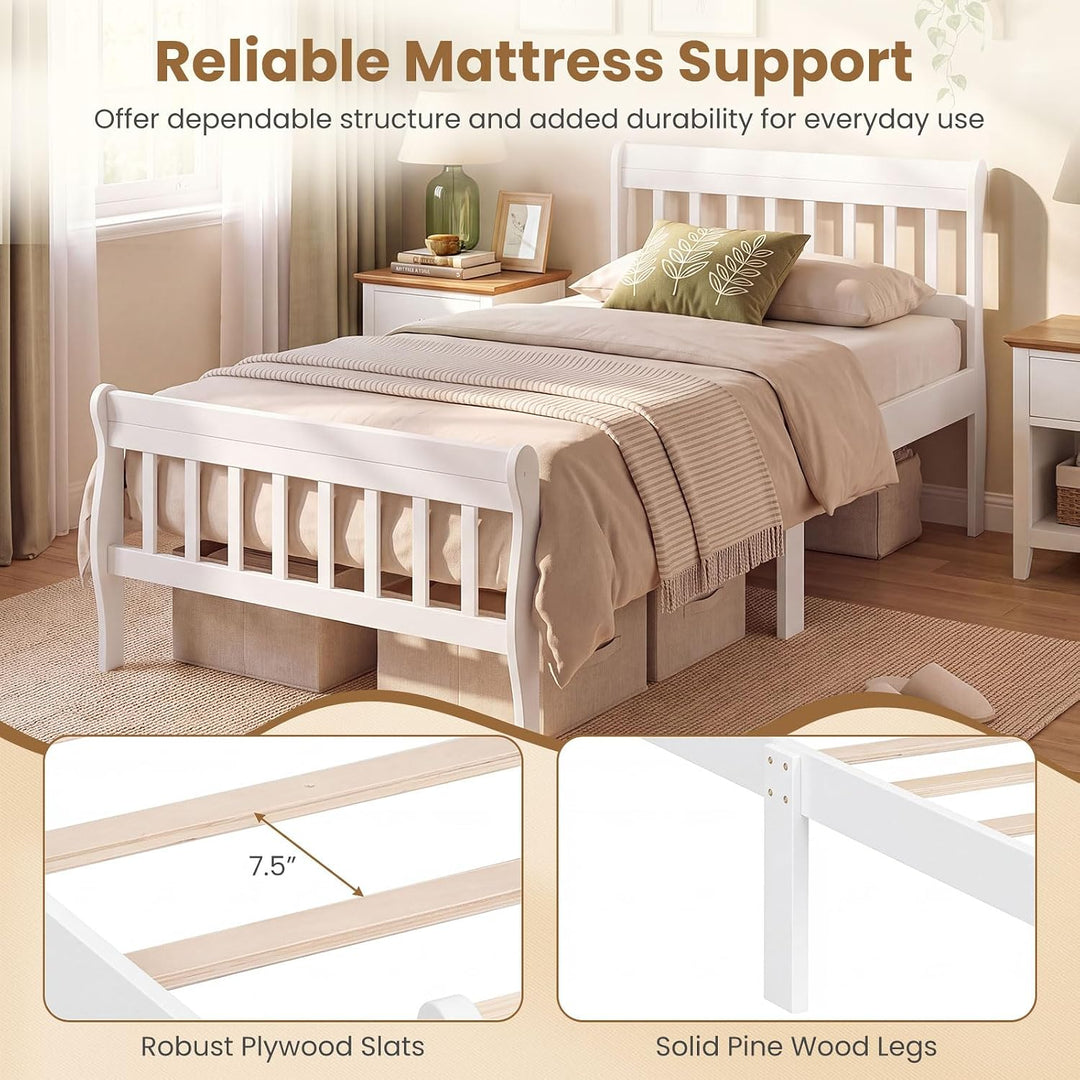 GIANTEX Wood Sleigh Bed Frame with Slatted Headboard &amp; Footboard