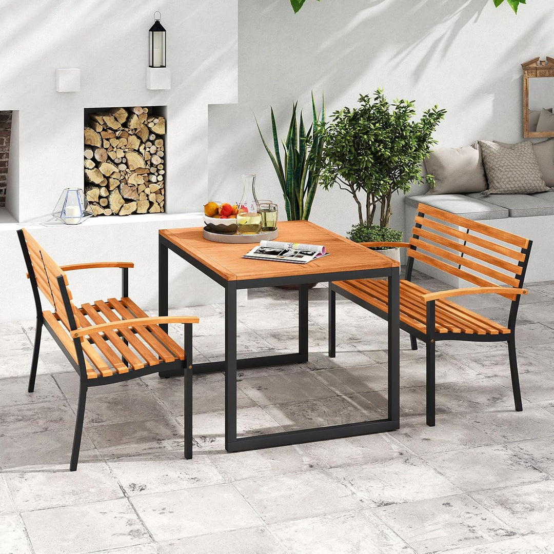 Outdoor Bench, Acacia Wood Patio Loveseat with Slatted Backrest & Seat, Armrests