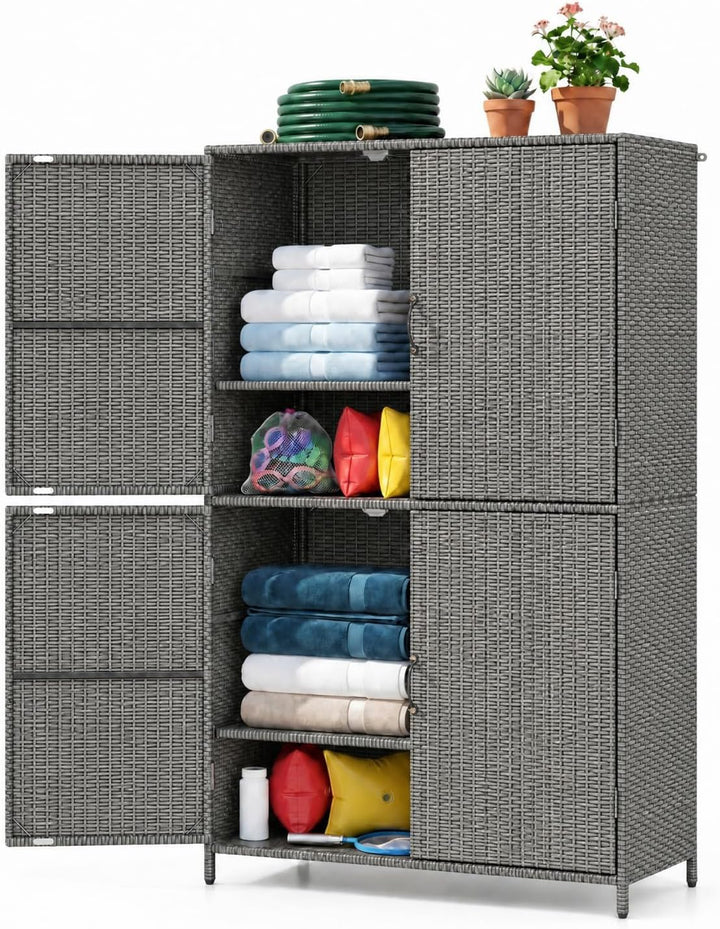 GIANTEX 4-Door Outdoor Storage Cabinet, PE Rattan Storage Shed