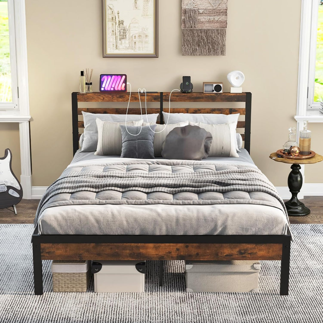 Giantex Queen Metal Platform Bed Frame with Wooden Headboard & Footboard, Rustic Brown