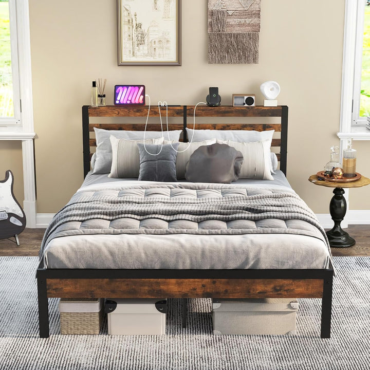 Giantex Queen Metal Platform Bed Frame with Wooden Headboard & Footboard, Rustic Brown