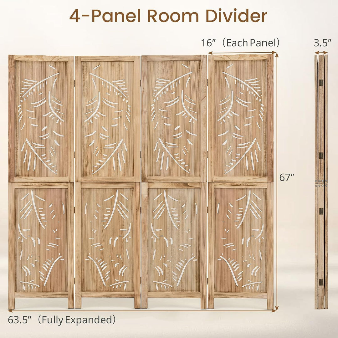 GIANTEX 3 Panel Boho Room Divider with Carved Palm Leaf Pattern