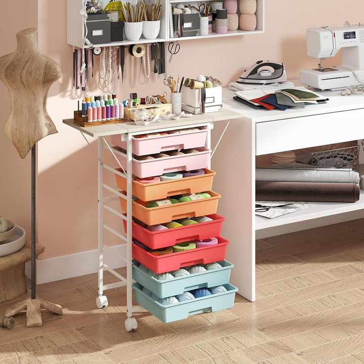 Giantex 8 Drawers Rolling Cart with Wheels, Folding Wood Top