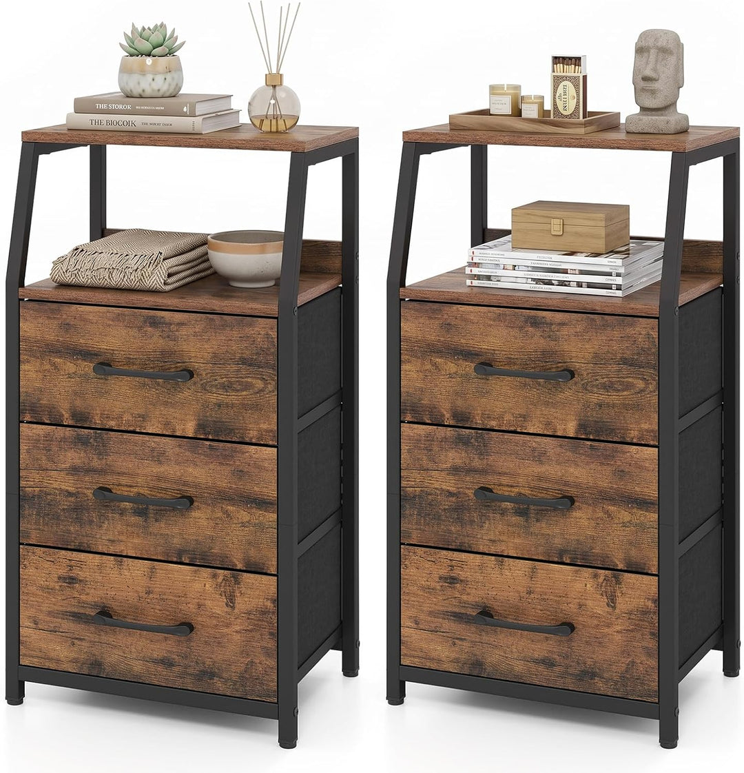 GIANTEX Industrial Nightstand Tall Dresser with 3 Fabric Drawers