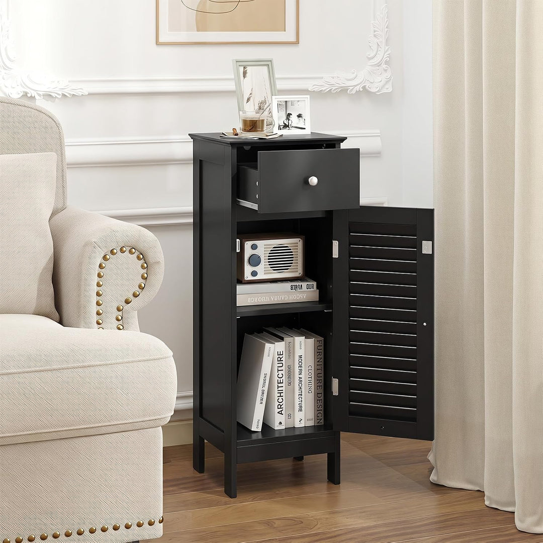 GIANTEX Bathroom Floor Storage Cabinet with Door and Drawer, Black | Freestanding Side Cabinet with 3-Height Adjustable Shelf
