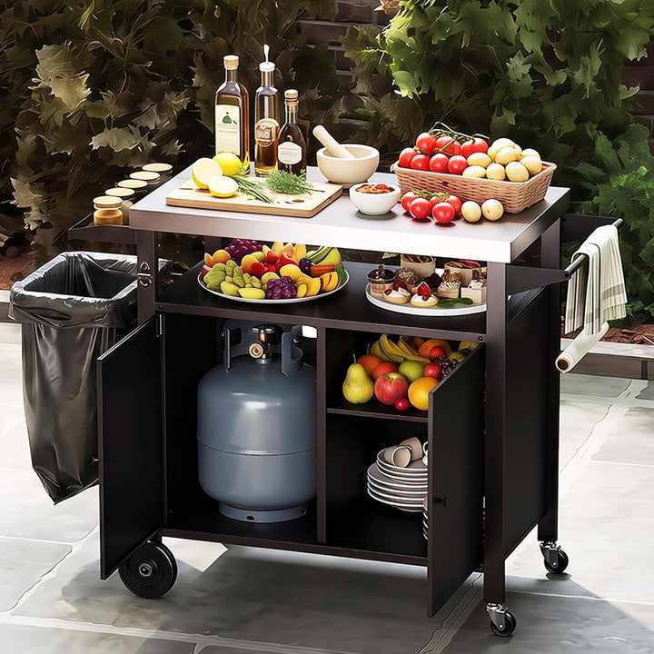 Giantex Outdoor Grill Cart with Stainless Steel Tabletop &amp; Storage Cabinet | BBQ Prep Station with Shelves