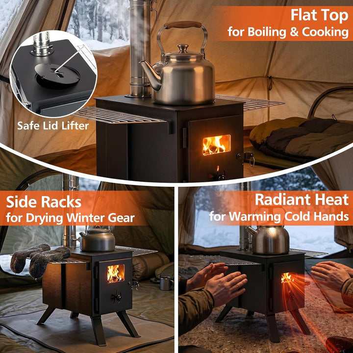 GIANTEX Hot Tent Stove, 8.4 ft Wood Burning Stove with Ash Tray | Portable Camping Wood Stove with 8 Chimney Pipes &amp; Spark Arrestor