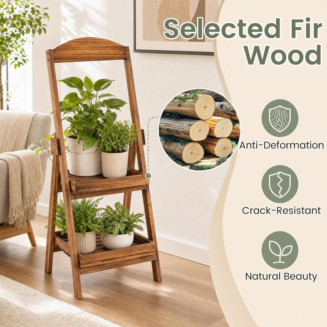GIANTEX 2-Tier Ladder Plant Stand, Fir Wood Flower Pot Shelf, Rustic Brown