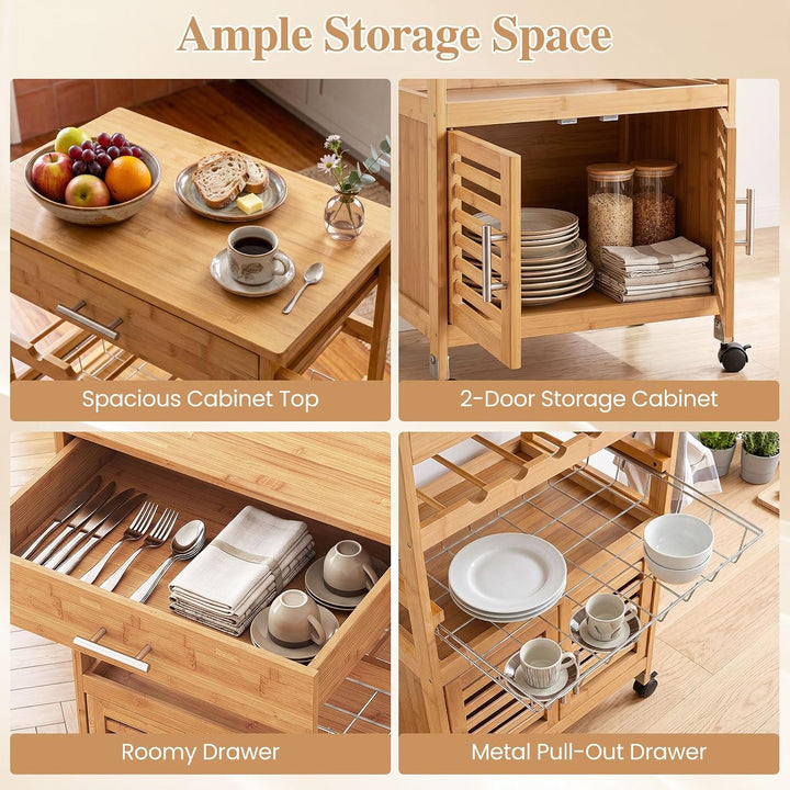 GIANTEX 27" Bamboo Kitchen Island Cart with Storage