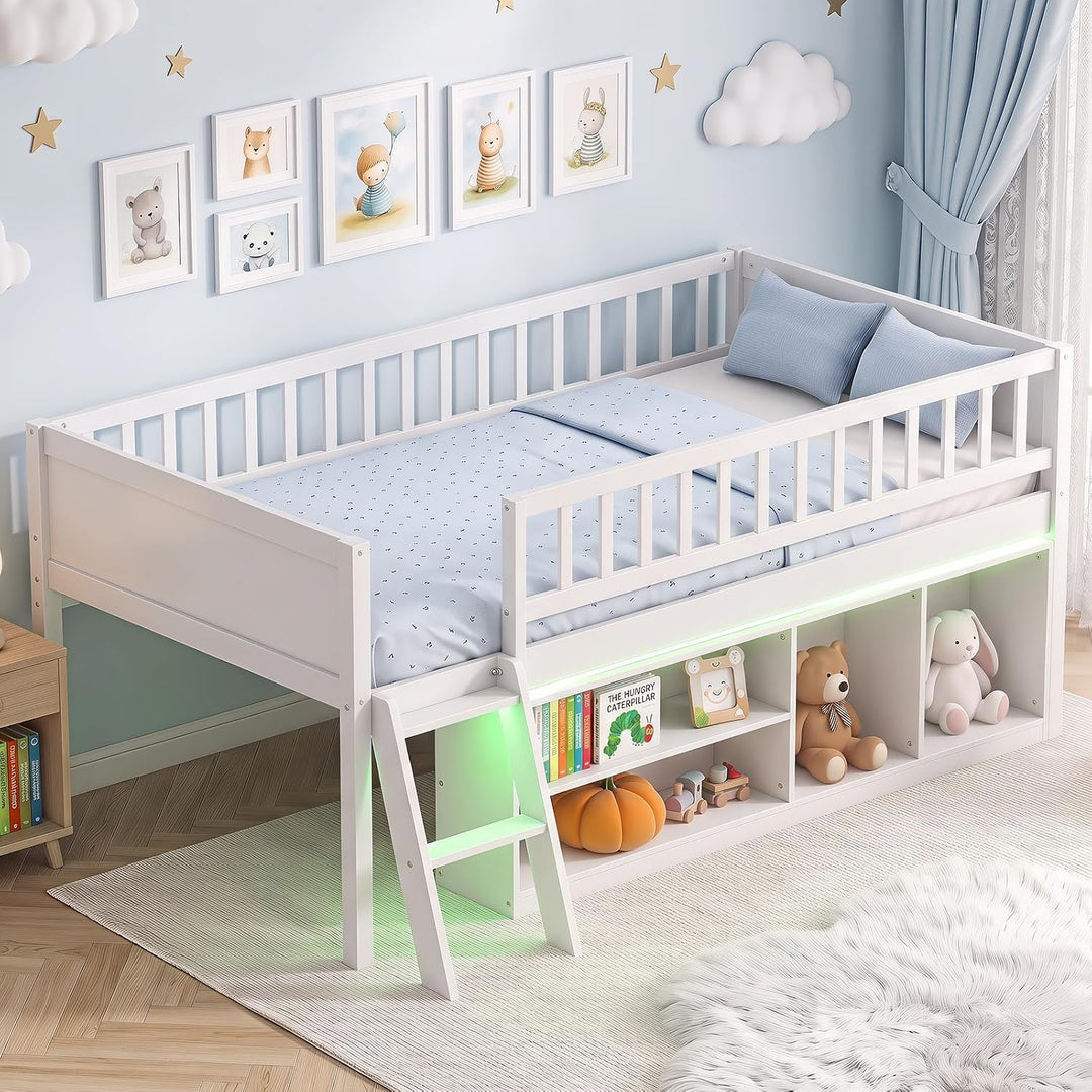 GIANTEX Low Loft Bed Twin Size with LED Lights