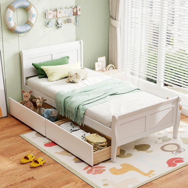Giantex Twin Bed with 2 Storage Drawers Wood Platform Bed with Headboard & Footboard