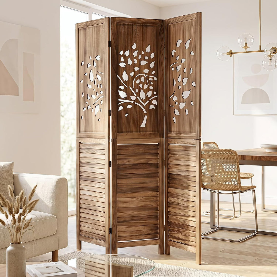 GIANTEX 3 Panel Folding Room Divider with Tree Leaf Cutout &amp; Louvered Slats | 67" Freestanding Wood Privacy Screen
