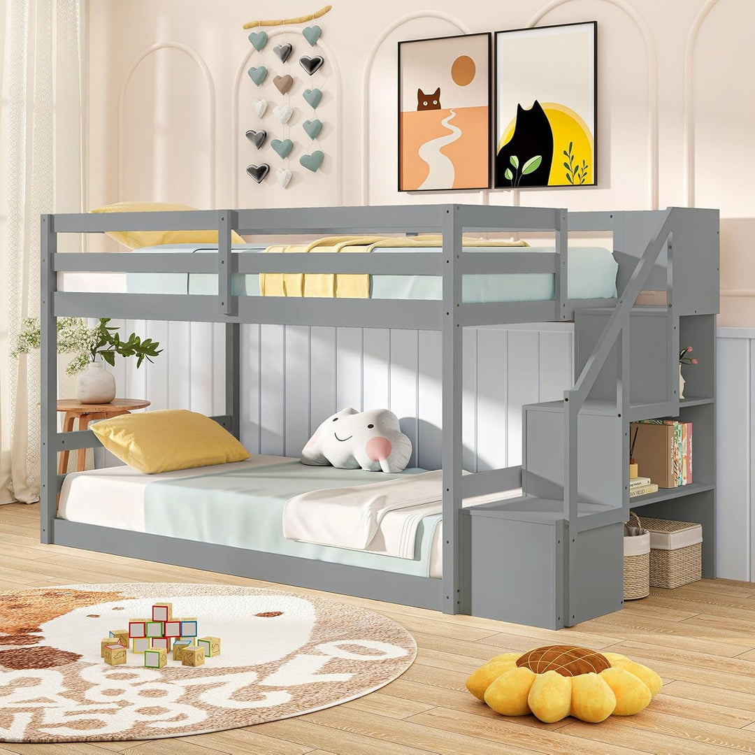 Giantex Bunk Bed with Stairs, Solid Wood Floor Bunk Bed with Storage Staircase & Full-Length Guardrails