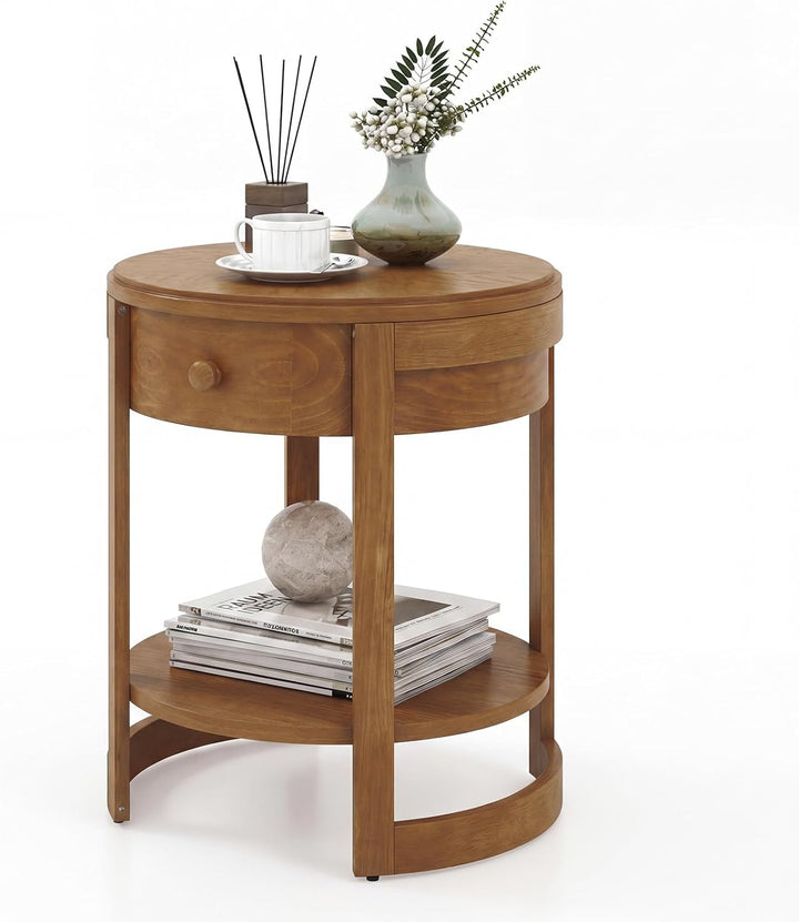Giantex Round Side Tables Set of 1/2 | 2-Tier Retro End Tables with Drawer &amp; Shelf