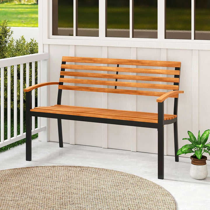 Outdoor Bench, Acacia Wood Patio Loveseat with Slatted Backrest & Seat, Armrests