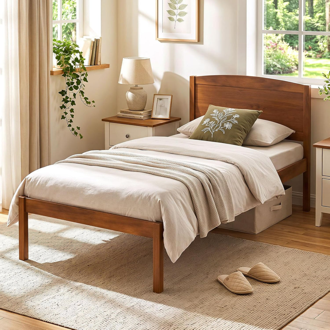 GIANTEX Wooden Bed Frame with Curved Headboard, Wood Slat Support | Farmhouse Platform Bed w/Heavy Duty Mattress Foundation